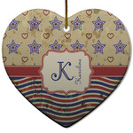 Vintage Stars & Stripes Heart Ceramic Ornament w/ Name and Initial