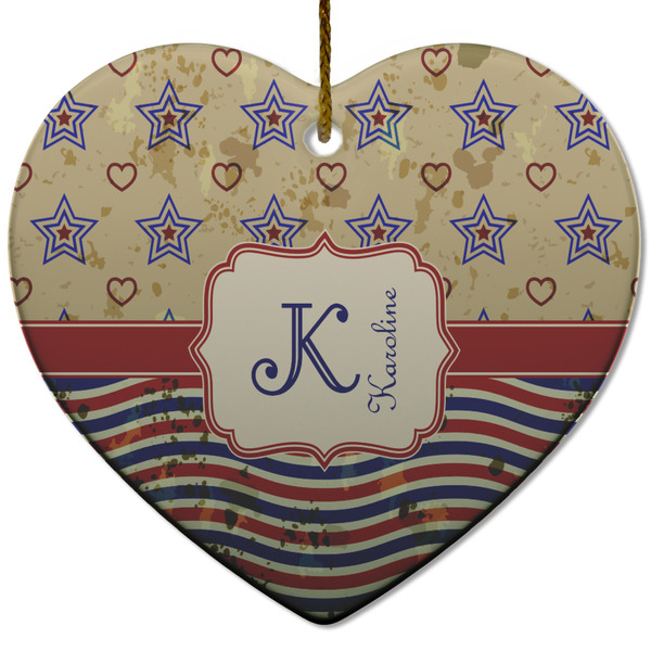 Custom Vintage Stars & Stripes Heart Ceramic Ornament w/ Name and Initial