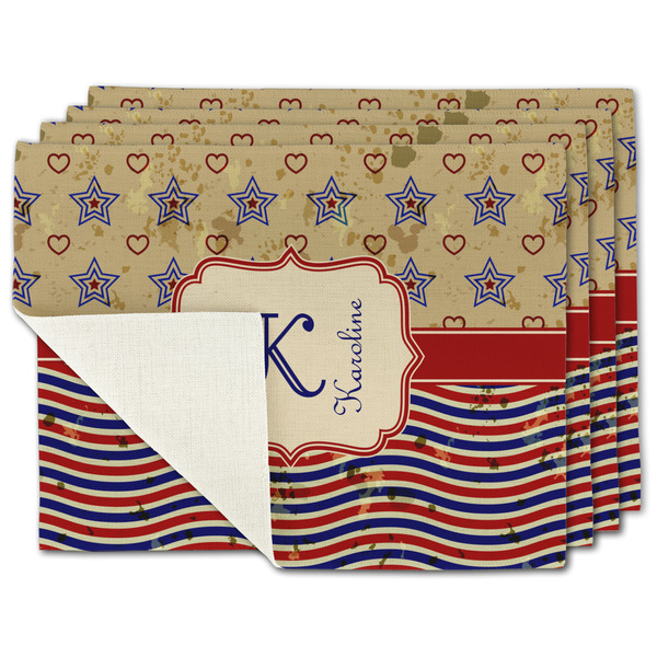 Custom Vintage Stars & Stripes Single-Sided Linen Placemat - Set of 4 w/ Name and Initial