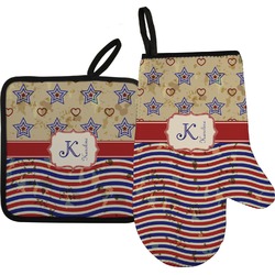 Vintage Stars & Stripes Right Oven Mitt & Pot Holder Set w/ Name and Initial
