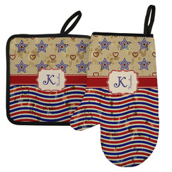 Vintage Stars & Stripes Left Oven Mitt & Pot Holder Set w/ Name and Initial