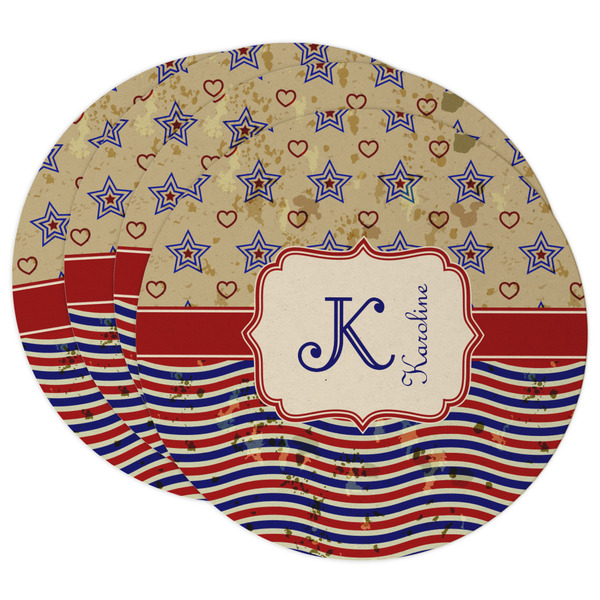 Custom Vintage Stars & Stripes Round Paper Coasters w/ Name and Initial