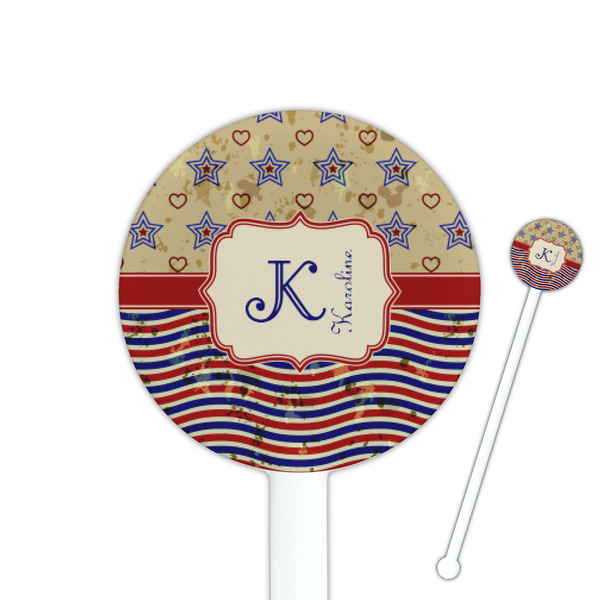 Custom Vintage Stars & Stripes 5.5" Round Plastic Stir Sticks - White - Single Sided (Personalized)