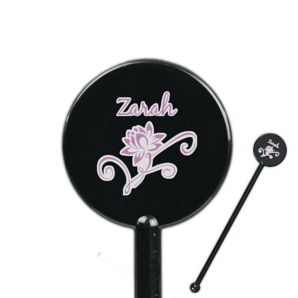 Custom Lotus Flowers 5.5" Round Plastic Stir Sticks - Black - Single Sided (Personalized)