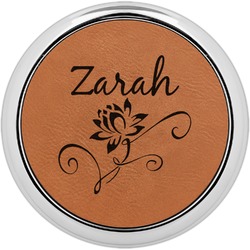 Lotus Flowers Leatherette Round Coaster w/ Silver Edge (Personalized)