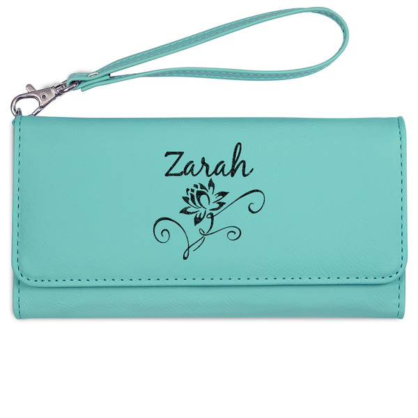 Custom Lotus Flowers Ladies Leatherette Wallet - Laser Engraved- Teal (Personalized)