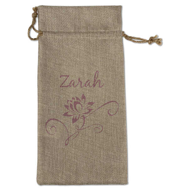 Custom Lotus Flowers Large Burlap Gift Bag - Front (Personalized)