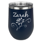 Lotus Flowers Stemless Stainless Steel Wine Tumbler - Navy - Single Sided (Personalized)