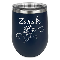 Lotus Flowers Stemless Stainless Steel Wine Tumbler - Navy - Single Sided (Personalized)