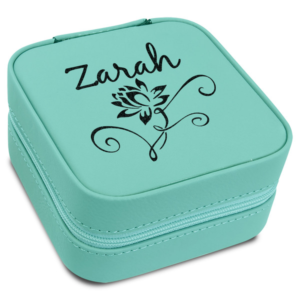 Custom Lotus Flowers Travel Jewelry Box - Teal Leather (Personalized)