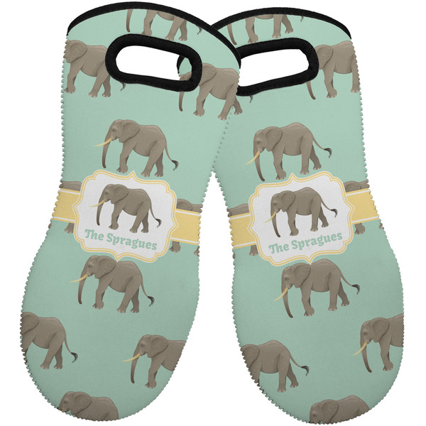 Custom Elephant Neoprene Oven Mitts - Set of 2 w/ Name or Text