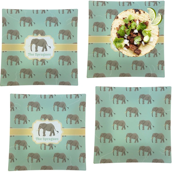 Custom Elephant Set of 4 Glass Square Lunch / Dinner Plate 9.5" (Personalized)