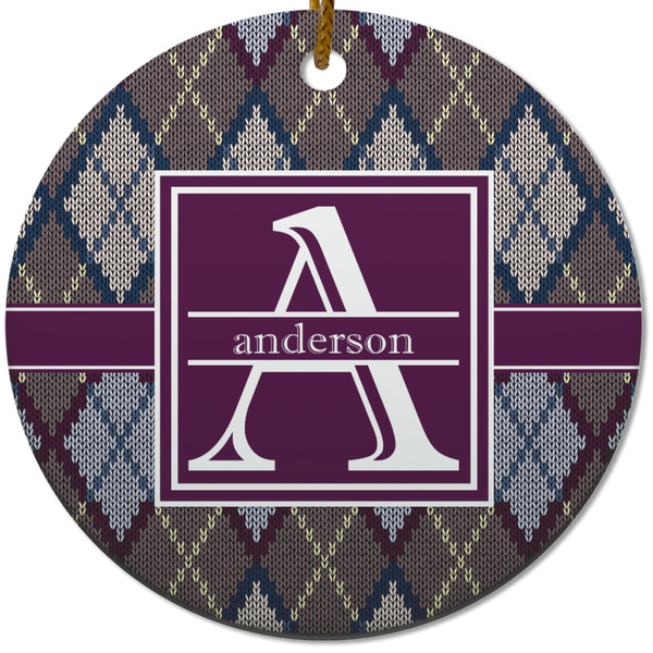 Custom Knit Argyle Round Ceramic Ornament w/ Name and Initial