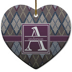 Knit Argyle Heart Ceramic Ornament w/ Name and Initial