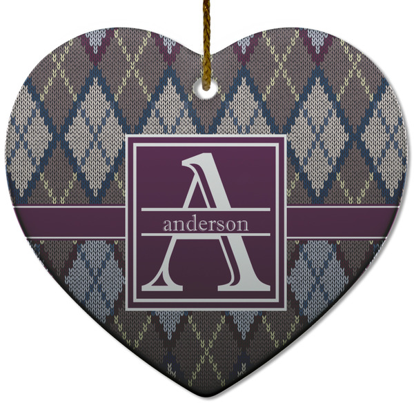 Custom Knit Argyle Heart Ceramic Ornament w/ Name and Initial