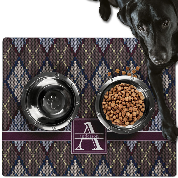 Custom Knit Argyle Dog Food Mat - Large w/ Name and Initial