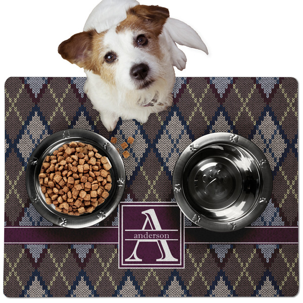 Custom Knit Argyle Dog Food Mat - Medium w/ Name and Initial