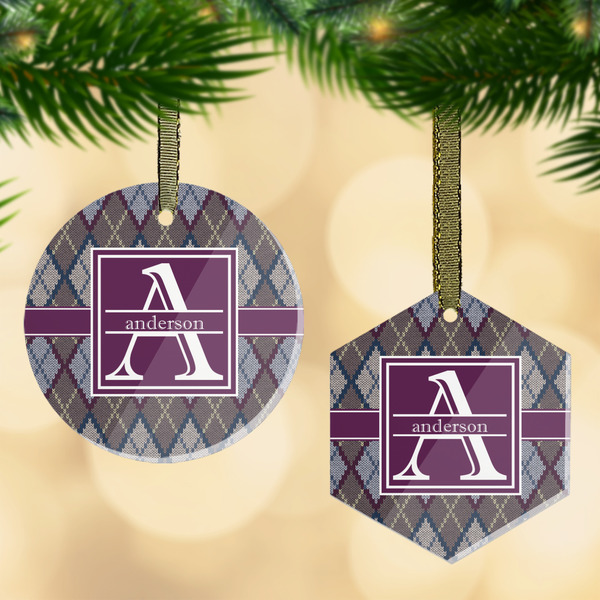 Custom Knit Argyle Flat Glass Ornament w/ Name and Initial