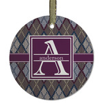 Knit Argyle Flat Glass Ornament - Round w/ Name and Initial