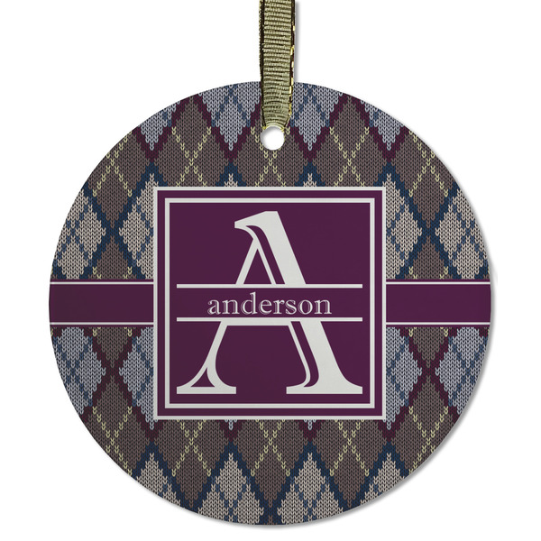 Custom Knit Argyle Flat Glass Ornament - Round w/ Name and Initial