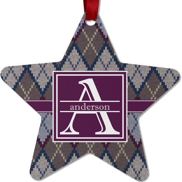 Custom Knit Argyle Metal Star Ornament - Double Sided w/ Name and Initial