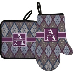 Knit Argyle Right Oven Mitt & Pot Holder Set w/ Name and Initial