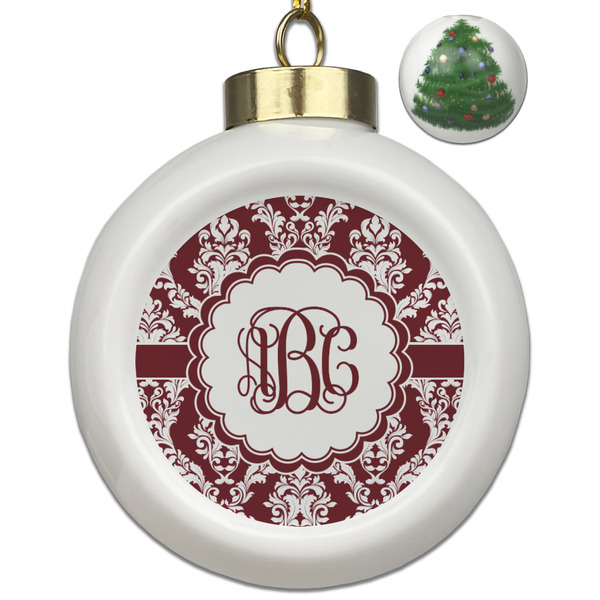 Custom Maroon & White Ceramic Ball Ornament - Christmas Tree (Personalized)