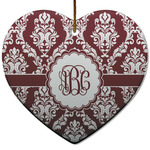 Maroon & White Heart Ceramic Ornament w/ Monogram