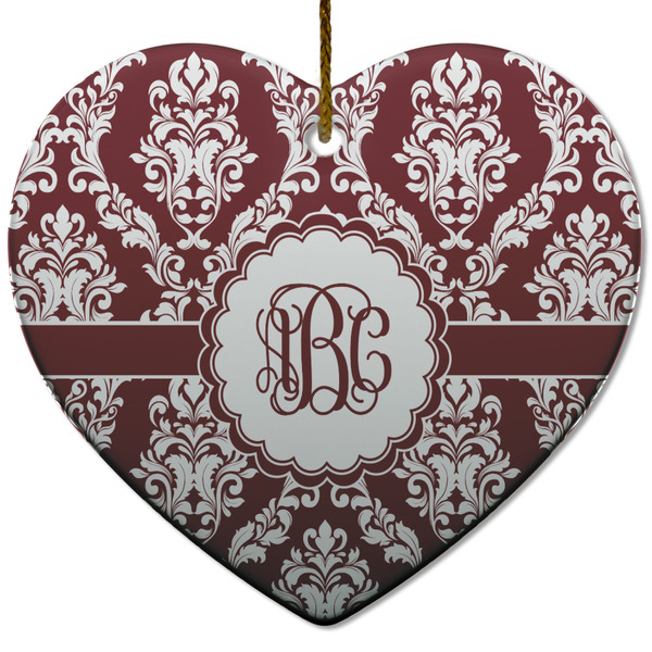 Custom Maroon & White Heart Ceramic Ornament w/ Monogram