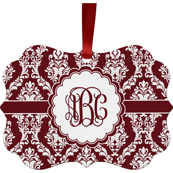 Custom Maroon & White Metal Frame Ornament - Double Sided w/ Monogram