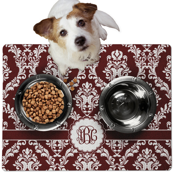 Custom Maroon & White Dog Food Mat - Medium w/ Monogram