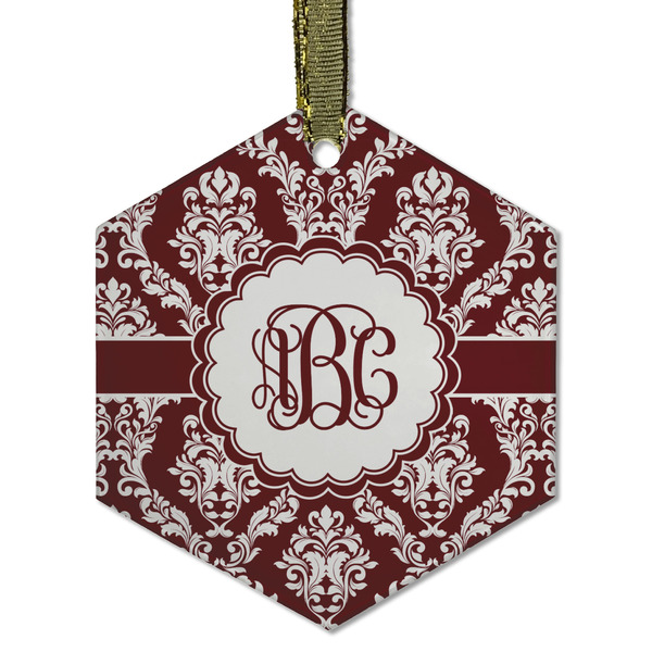 Custom Maroon & White Flat Glass Ornament - Hexagon w/ Monogram