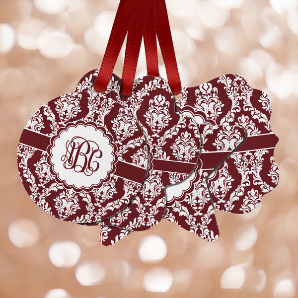 Custom Maroon & White Metal Ornaments - Double Sided w/ Monogram