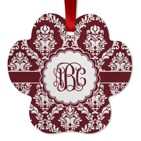 Custom Maroon & White Metal Paw Ornament - Double Sided w/ Monogram