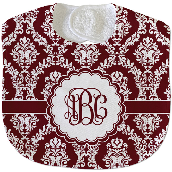 Custom Maroon & White Velour Baby Bib w/ Monogram