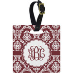 Maroon & White Plastic Luggage Tag - Square w/ Monogram