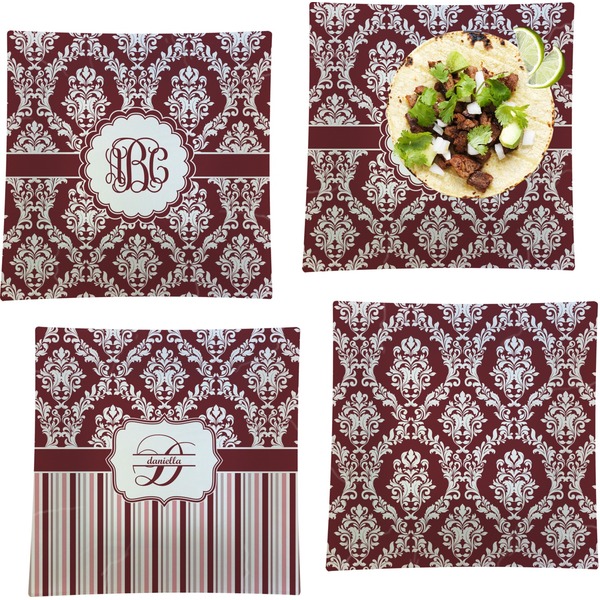 Custom Maroon & White Set of 4 Glass Square Lunch / Dinner Plate 9.5" (Personalized)