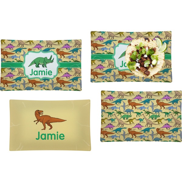 Custom Dinosaurs Set of 4 Glass Rectangular Lunch / Dinner Plate (Personalized)