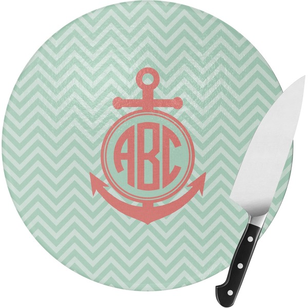 Custom Chevron & Anchor Round Glass Cutting Board - Small (Personalized)