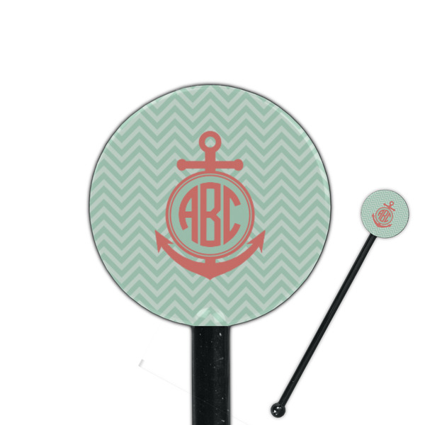 Custom Chevron & Anchor 5.5" Round Plastic Stir Sticks - Black - Double Sided (Personalized)