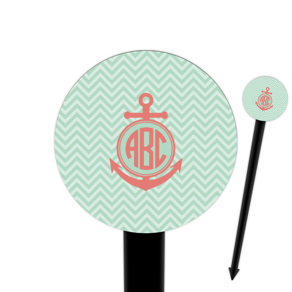 Custom Chevron & Anchor 6" Round Plastic Food Picks - Black - Double Sided (Personalized)