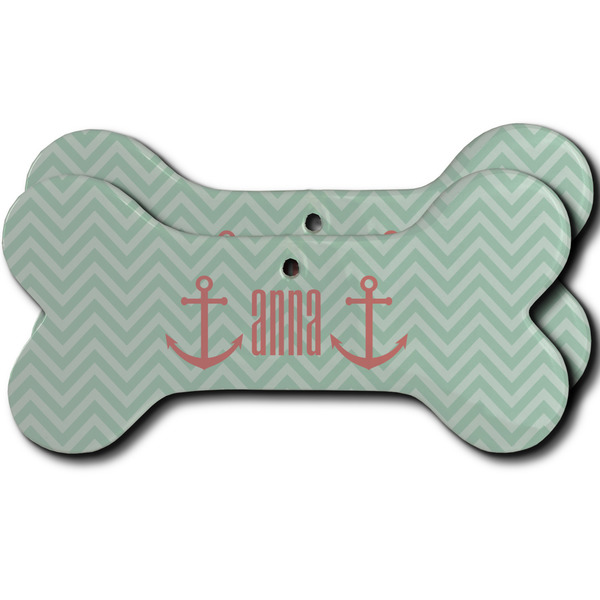 Custom Chevron & Anchor Ceramic Dog Ornament - Front & Back w/ Monogram