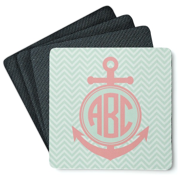 Custom Chevron & Anchor Square Rubber Backed Coasters - Set of 4 (Personalized)