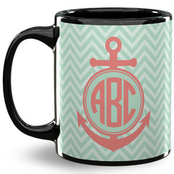 Chevron & Anchor 11 Oz Coffee Mug - Black (Personalized)