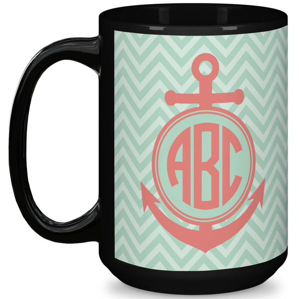 Custom Chevron & Anchor 15 Oz Coffee Mug - Black (Personalized)