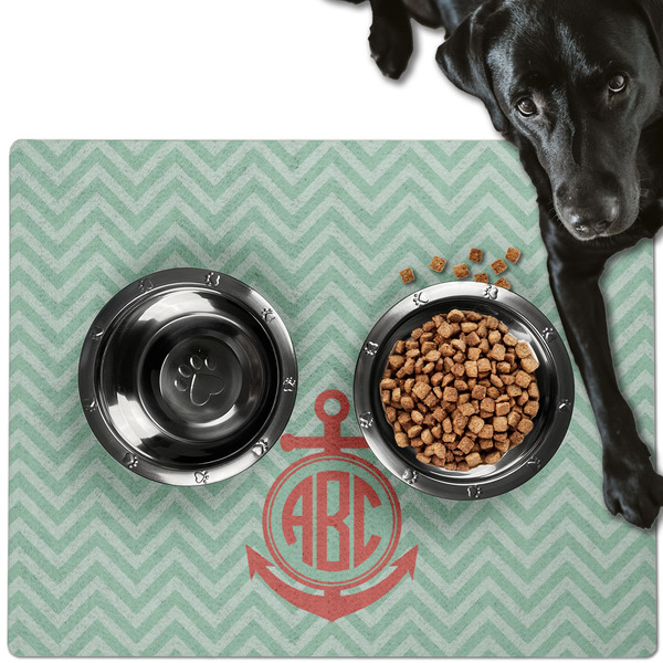 Custom Chevron & Anchor Dog Food Mat - Large w/ Monogram