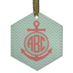 Chevron & Anchor Flat Glass Ornament - Hexagon w/ Monogram