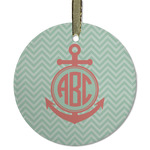 Chevron & Anchor Flat Glass Ornament - Round w/ Monogram