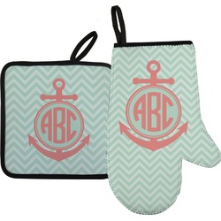 Chevron & Anchor Oven Mitt & Pot Holder Set w/ Monogram