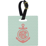 Chevron & Anchor Plastic Luggage Tag - Square w/ Monogram